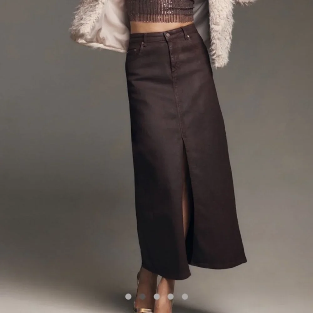 ANTHROPOLOGIE PILCRO The Madi Front-Slit Denim Coated Brick Red Wine 2 - Picture 1 of 5